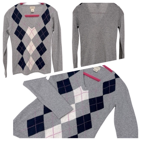 L.L. Been cashmere argyle print blue and gray pullover v neck sweater size XS - Picture 1 of 11